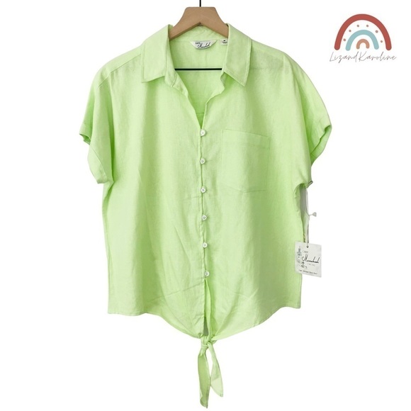 New! Linen Button Down Lime Oversized Camp ShirtTop - Picture 1 of 11